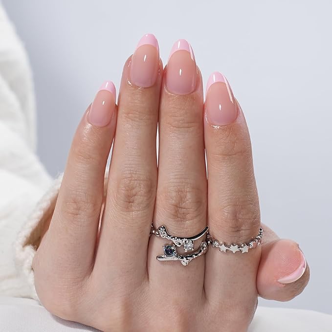 French Tip Press on Nails - Pink Short Almond Press on Nail, Glossy Fake Nails Reusable Nails Press ons for Women, 32 Pieces in 16 Sizes False Nails Kit with Glue, Petal Line