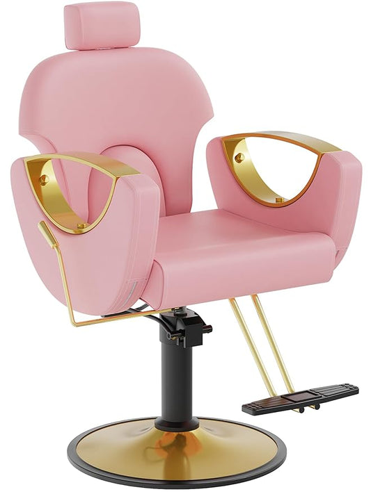 Barber Chair for Hair Stylist, Height Adjustable Hydraulic Hair Reclining Salon Chair, 360 Degrees Rotation, Multi-Function Shampoo Chair for Salon Barbershop (Modern Pink)