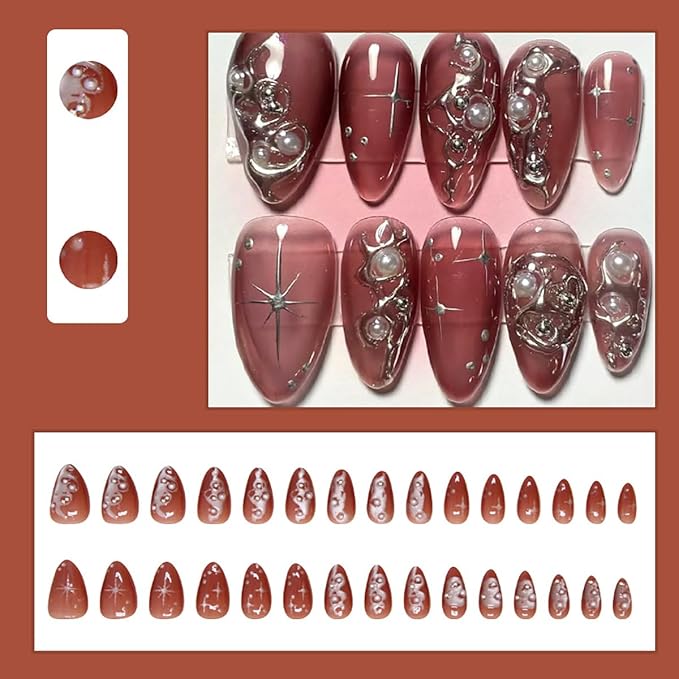 24Pcs Punk Press on Nails Short Almond Fake Nails with 3D Pearl Silver Lines Acrylic Nails Dark Red Full Cover False Nails Y2K Star Glue on Nails Irregular Design Stiletto Artificial Nails for Women