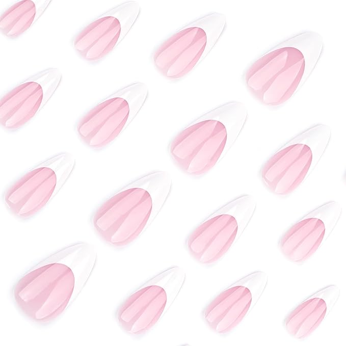 French Tip Press on Nails Medium Almond Fake Nails Nude Pink False Nails Glossy Nature Acrylic Nails Short Artificial Nails for Women Girls Manicure Nails Decoration 24Pcs