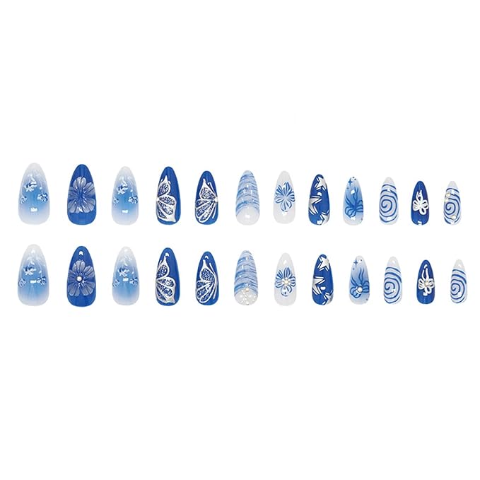 24Pcs Blue Flowers Press on Nails Medium Almond Fake Nails Blue Deep Sea Butterfly, Pearl Shell Pattern Cute Floral Nail Art False Nails Almond-Shaped Stick on Nails Reusable Artificial Nail for Women