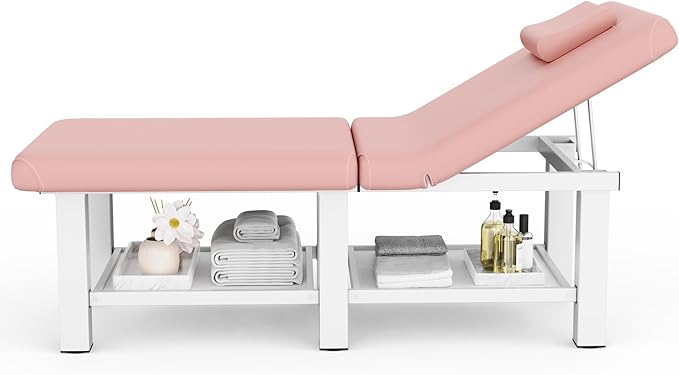 Folding Stationary Massage Table with Backrest and Storage Space, 6 Square Legs Metal Frame PU Leather, 30.5'' Wide × 75'' Long for Treatment Table Physical Therapy Table Spa Facial Bed, Pink