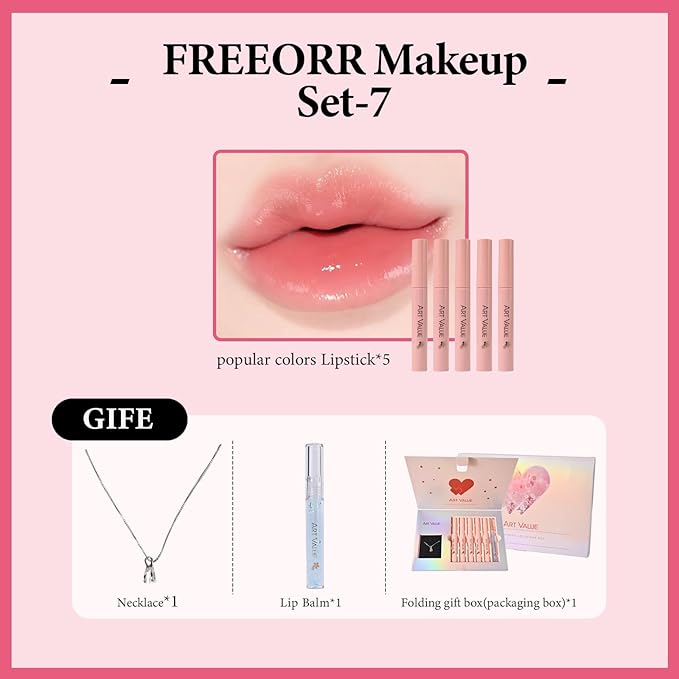 Christmas Gift for Women, 7 Pcs Gift Box Set Include Matte Lipstick, Lip Balm and Necklace, Easy to Match with Different Makeups, Birthday，Valentine's Day Makeup Set Gift for Girls-07