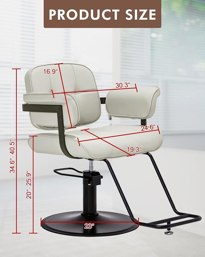 Barber Salon Chair, Extra Wide Hair Styling Chair with Heavy Duty Hydraulic Pump, 360° Swivel Height Adjustable Braiding Design, Luxury Beauty Salon and Barbershop Equipment, Ivory