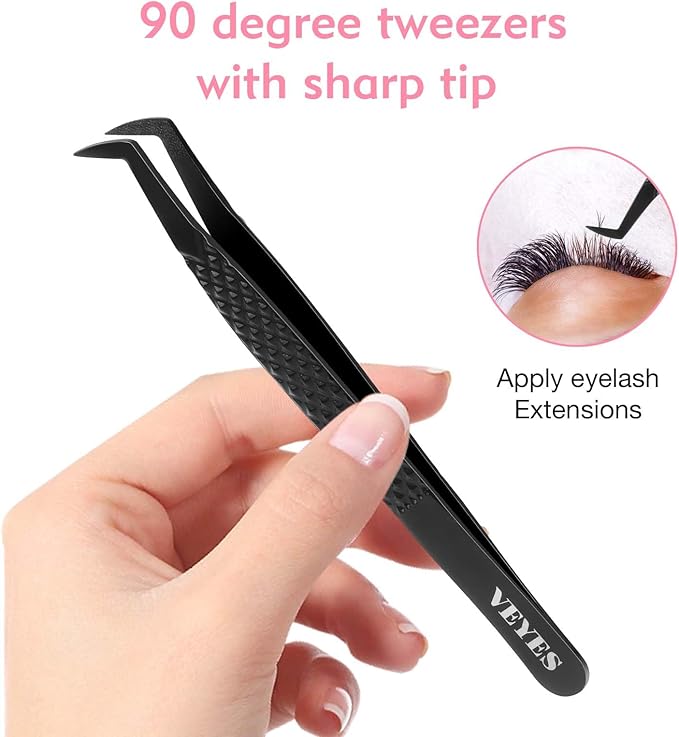 VEYES INC Lash Tweezers for Eyelash Extensions,High Precision Tweezers for Individual Classic and Volume Lash,Stainless Steel Tweezers-90 Degree
