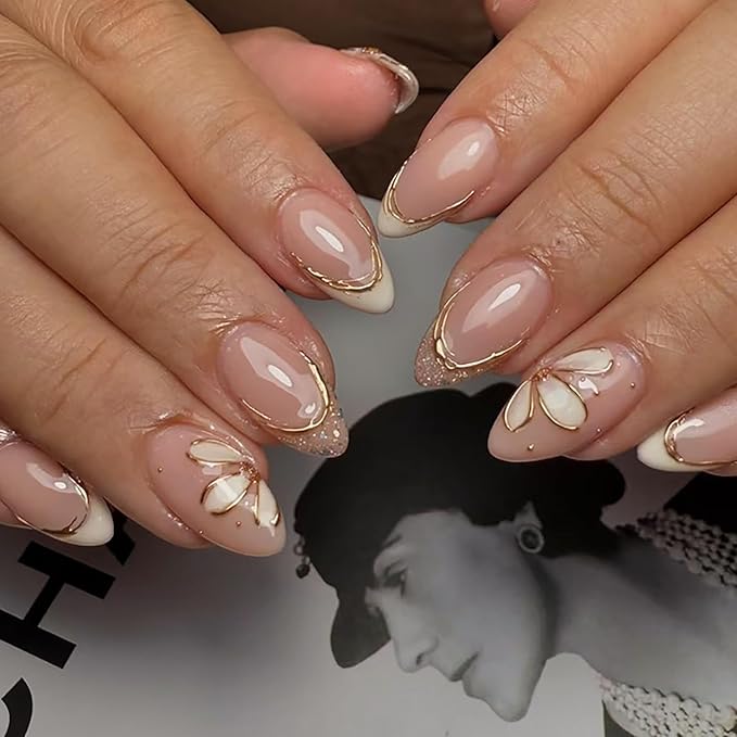 24Pcs Almond Press on Nails Short Length White French Tip Fake Nails with Glitter Designs Gold Line Flower Acrylic Nails Full Cover Spring False Nails White Floral Stick on Nails for Women Nail Decor