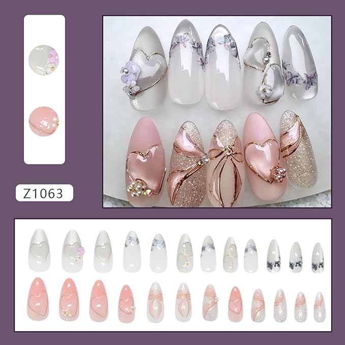 24Pcs Medium Almond Press on Nails Heart Bow Fake Nails 3D Pink Purple Flower with Pearl Glitter Full Cover Glue on Nails Cute False Nails Glossy Nude Pink Stick on Nails for Women Acrylic Nails DIY