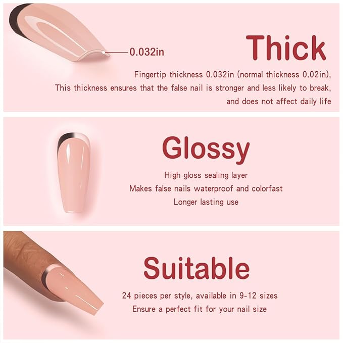 Yivaiks Pink Press on French Tip Nails Coffin Nails Press ons Fake Nails with Glue on Nails Acrylic Stick on False Nail Tips Kit 24pcs