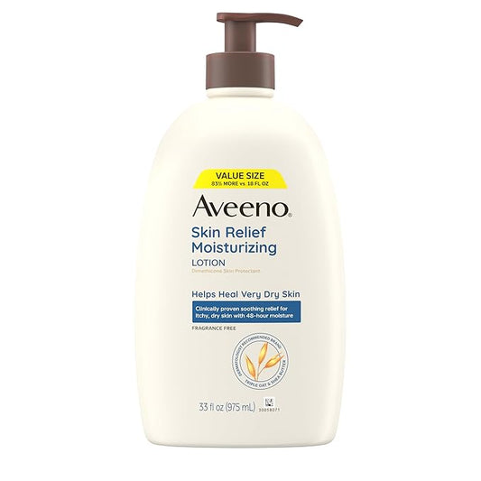 Aveeno Skin Relief Moisturizing Lotion for Very Dry, Itchy, Dry Skin, Body Moisturizer, Soothing Triple Oat & Shea Butter, Fragrance-Free, Non-Greasy, 33 fl oz