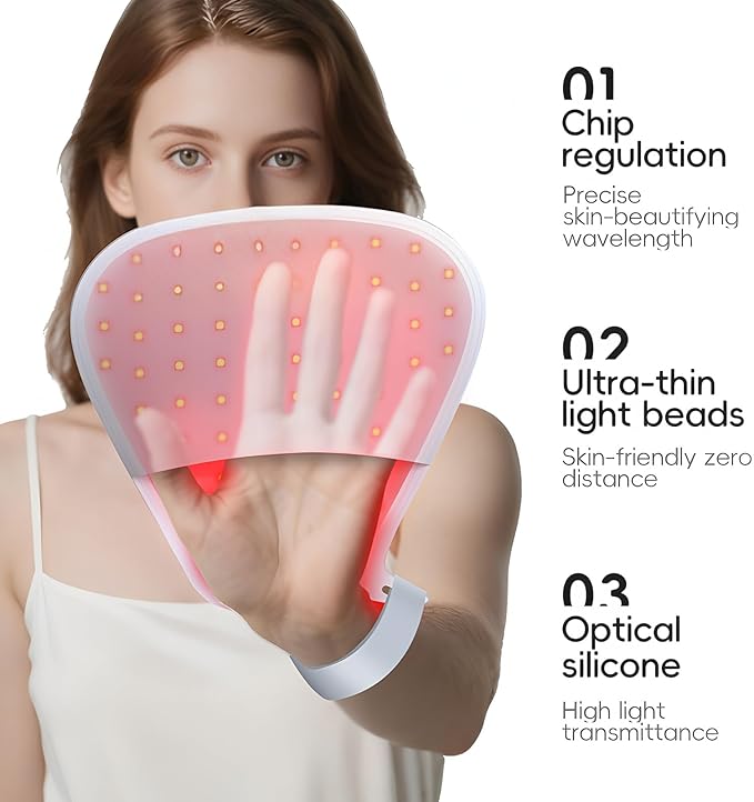 Red Light Therapy Glove for Hands - 630nm & 830nm Dual Wavelength LED Device for Healthier Skin & Pain Relief, Rechargeable Hand Care with Auto Shut-Off