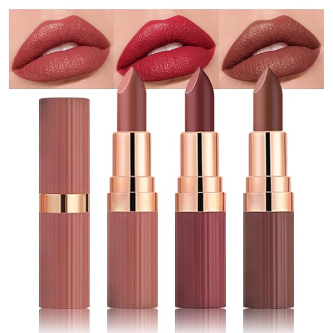 evpct 3Pcs Matte Creamy Lipsticks Set, Coral Ruby Red Nude Brown Lip Stick Set for Women, Long Lasting Waterproof Velvet Lipsticks Blendable Silky, Longwear Lip Makeup Set 24 hours original labios 03