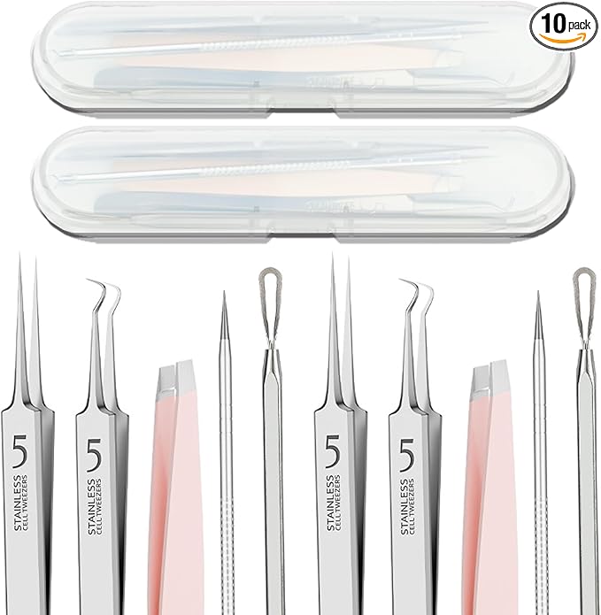 10 PCS Blackhead Remover Pimple Popper Tool Kit Blackhead Extractors Ingrown Hair Tweezers Pore Extractors Acne Treatment Tools for Clear Skin