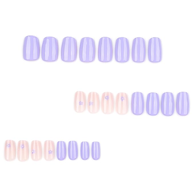 Lavender and Pink Press On Nails Square Short, Purple Flower Fake Nails with 3D Floral Design, Glossy Finish Reusable Acrylic Nails, Natural Glue On Nails Kit for Women, 24Pcs