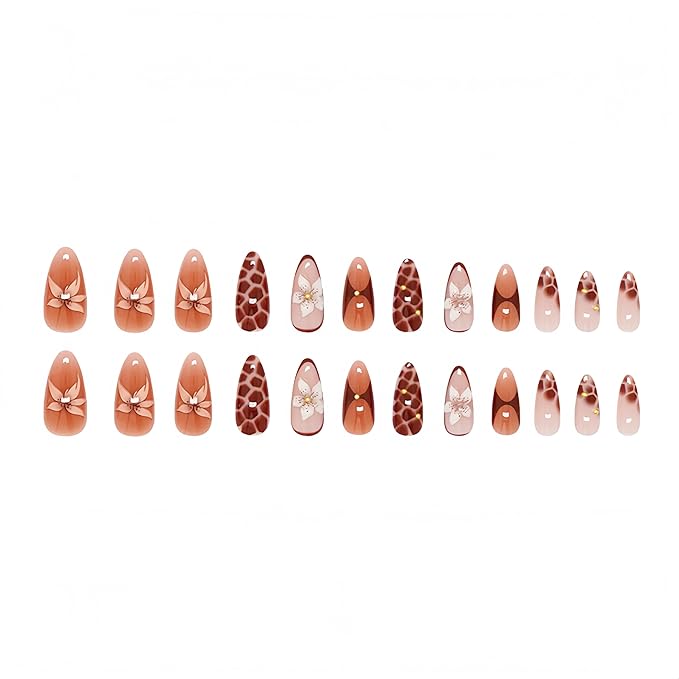 24Pcs Brown Flower Press on Nails Almond Medium Fake Nails with 3D Flower Designs Tortoise Pattern Glue on Fingernails Acrylic Nails Fall Winter Artificial Nails Full Cover Stick on Nails for Women