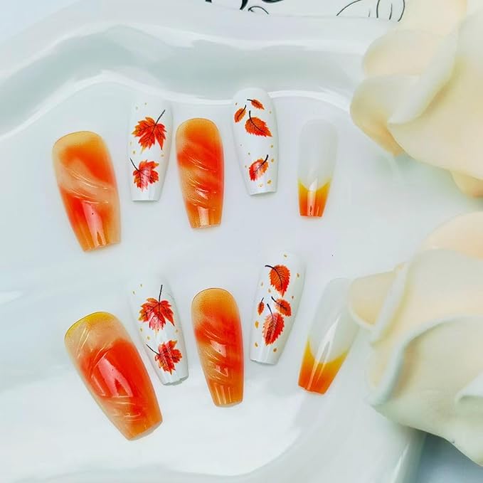 30Pcs Fall Press on Nails Medium Coffin Fake Nails with 3D Ripple Design Maple Leaf False Nail Orange French Tip Glue on Nails Thanksgiving Acrylic Nail Full Cover Stick on Nail for Women DIY