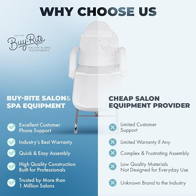 Buy-Rite Stationary Facial Bed – White Vinyl, Thick Foam Cushion, Adjustable Headrest, Backrest & Leg Rest, Removable Face Pillow & Armrests – SY-3557 – 300 lb Capacity