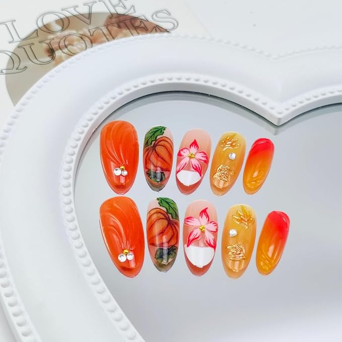 30Pcs Fall Press on Nails Medium Almond Fake Nails with 3D Flower Rhinestones Design Orange Pumpkin Maple Leaf False Nails White French Tip Acrylic Nails Autumn Thanksgiving Stick on Nail for Women