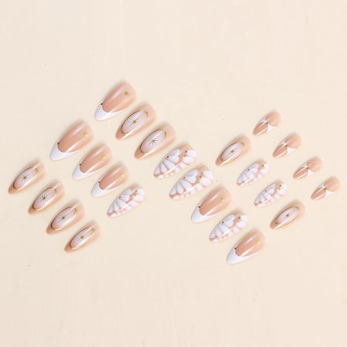 IMRAIN Medium Almond Press on Nails French Tips Fake Nails with Crocodile Print Designs Nude White Ombre Glossy Glue on Nails Acrylic Full Cover Golden Star Stick on False Nails for Women Girls