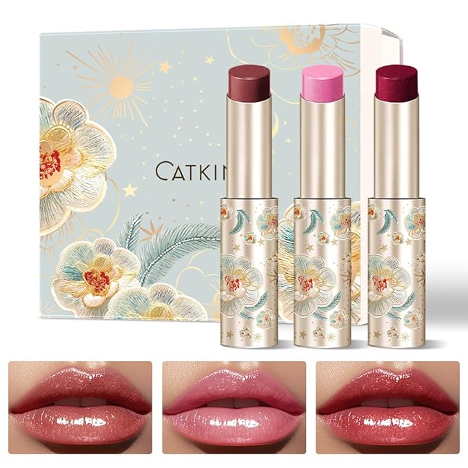CATKIN Glossy Lip Balm 3pcs Gift Set, Ultra Hydating Glow Lip Tinted Jelly Plump Melting Balm Shea Butter Repair Soothing For Dry Lips Dewy Finished 0.12 oz 02