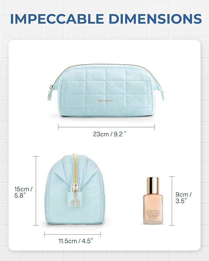 BAGSMART Makeup Bag Travel Toiletry Bag, Puffy Padded Make Up Bags for Women Makeup Organizer Case, Wide-open Pouch Purse Travel Essentials Toiletries Accessories Brushes, Light Blue