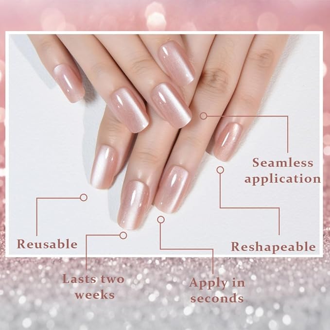 Nude Cat Eye Press on Nails Medium Square, Medium Square Press Glue on Nails Chrome for Women Gift, Nude Holographic Glitter Glossy Reusable Soft Gel Acrylic Fake Nail with Designs Cateye Effect