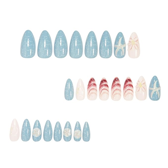 24Pcs Shell Press on Nails Medium Almond Fake Nails with 3D Starfish Flower Pearl Design Blue Gradient Full Cover Acrylic Nails False Nails Summer Beach Vacation Glue on Nails for Women Decor