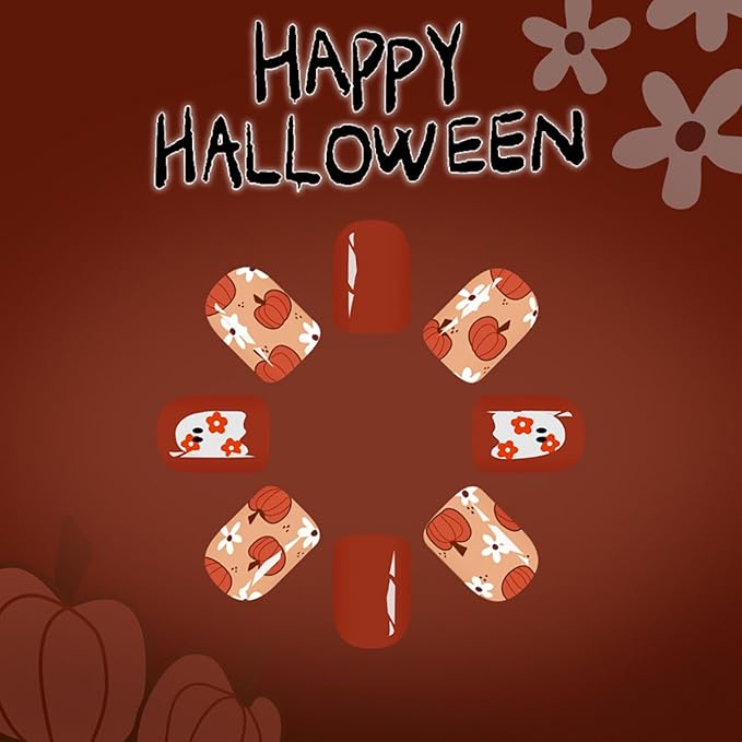 Halloween Press on Nails Short Square False Nails Orange Fake Nails White Flower Ghost Pumpkin Design Glossy Spooky Stick on Nail Reusable Holiday Glue on Nail for Women Decor Set