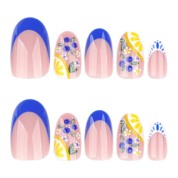 24Pcs Blue French Tip Press on Nails Almond Short Fake Nails Cute Blueberries Lemon Nail Designs Flower Fruit Glue on Nails Reusable Glossy Acrylic False Nails Full Cover Stick on Nails for Women