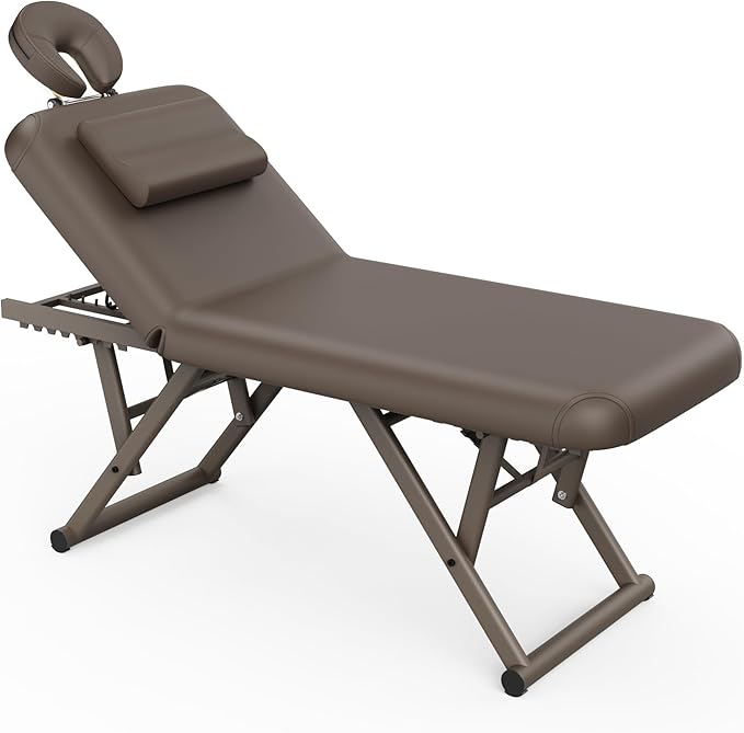 pouseayar Adjustable Massage Table with Face Pillow & Headrest, Sturdy and Solid, Silent and Easy to Adjust - Adjustable Backrest, Brown