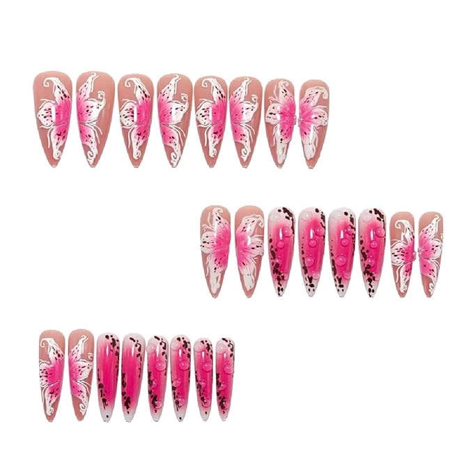 Almond Press on Nails Long Pink Fake Nails with 3d Flower Pearl 3D Water Drop Texture Design Glossy Full Cover False Nails for Women 24 Pcs