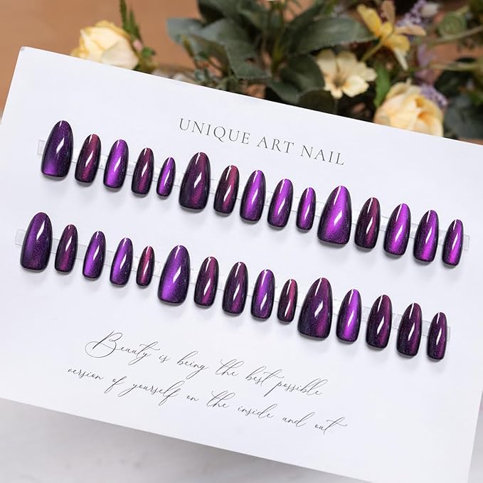 30Pcs Purple Press on Nails Medium Almond False Nails Elegant Purple Fake Nails Glitter Gradient Press ons Acrylic Nail Glossy Sparkly Glue on Nails Full Cover Stick on Nails for Women