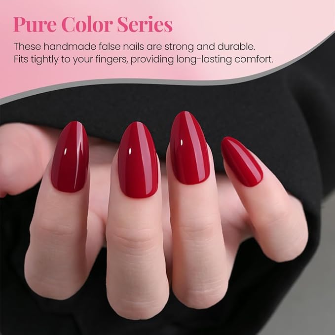 evpct Glossy Press on Nails Short Almond Short for Women, Dark Red Fake Nail with Glue Salon Quality Reusable Stick on Nails In 15 Sizes 30Pcs Full Cover False Nail Soft Gel Set Kit for Gift, 27