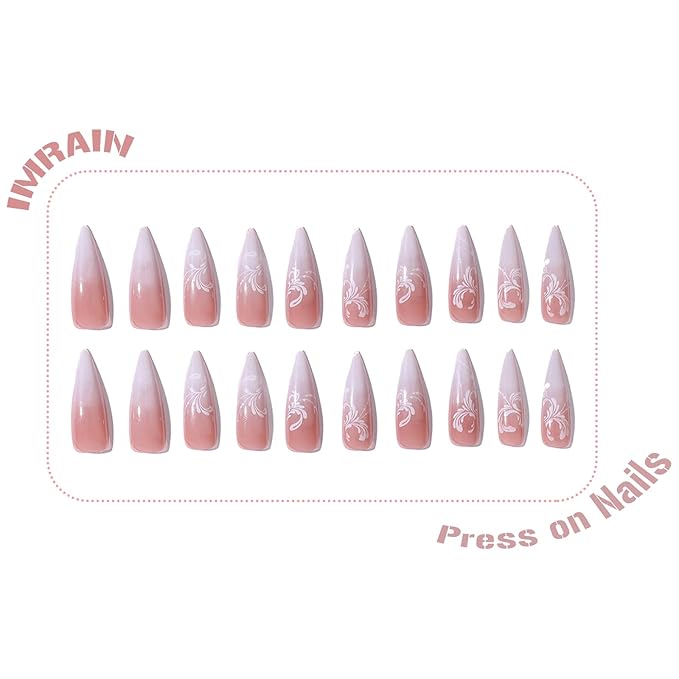 IMRAIN Press on Nails Long Stiletto Fake Nails White Gradient Almond False Nails Full Cover Glossy Gel Nude Artificial Nails with Flower Designs
