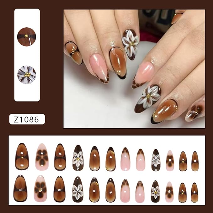 24Pcs Almond Press on Nails Brown Flower Fake Nails Medium 3D Flower Acrylic Nails with Gold Bead Charms Amber French Tip False Nail Reusable Glue on Nails for Women DIY Manicure Decoration