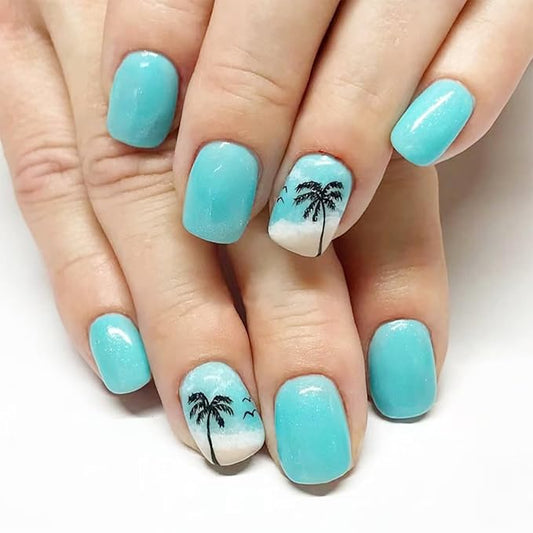Summer Press on Nails Short Square Fake Nails Plam Tree False Nails Beach Glossy Full Cover Blue Acrylic Glue on Nails Reusable Cute Artificial Stick on Nails for Women Manicure 24 Pcs