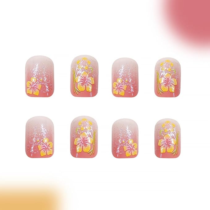 24Pcs Pink French Tip Press on Nails Short Square Fake Nails Yellow Flower Design Spring Summer False Nails Full Cover Artificial Glue on Nails Cute False Nails Stick on Nails for Women Nail Supplies