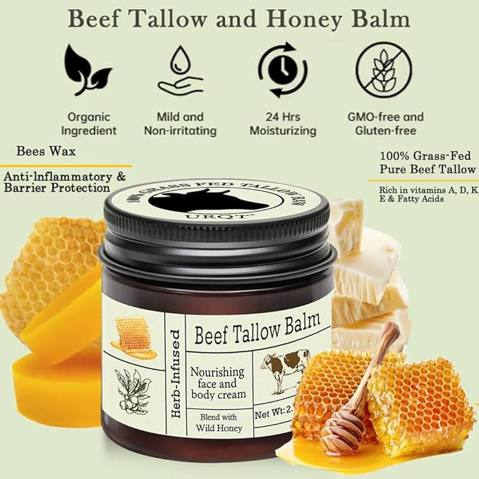 Beef Tallow For Skin – Natural Tallow and Honey Balm Face Moisturizer, Organic Grass-Fed Tallow, Deeply Nourishing Whipped Skin Balm for Face & Body, Moisturizing Cream for Dry Skin