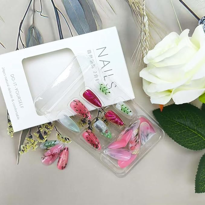 Almond Press on Nails Medium Fake Nails Colorful Flower Acrylic Nails Silver Butterfly Stick on Nail Reusable Leaf False Nail with Glue Artificial Glue on Nail for Women Manicure Decorations 24Pcs