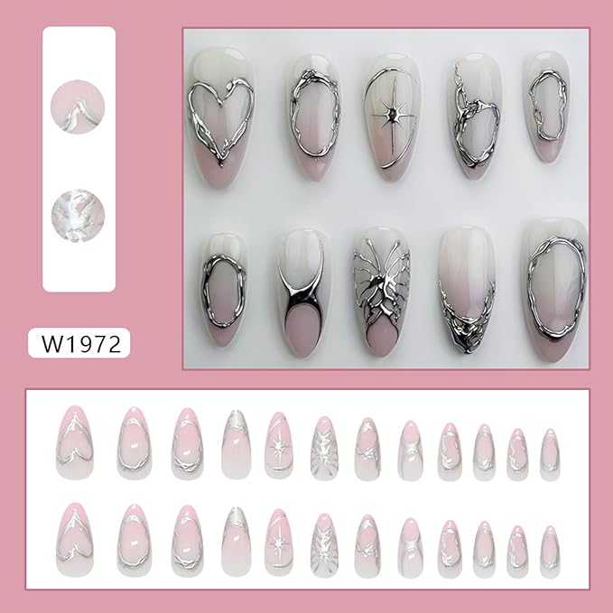 24Pcs French Tip Pink Press on Nails Medium Almond Fake Nails with Silver Star Heart Butterfly Design Full Cover Reusable Artificial Nails Stick on Nails False Nails for Women Acrylic Nail Decorations