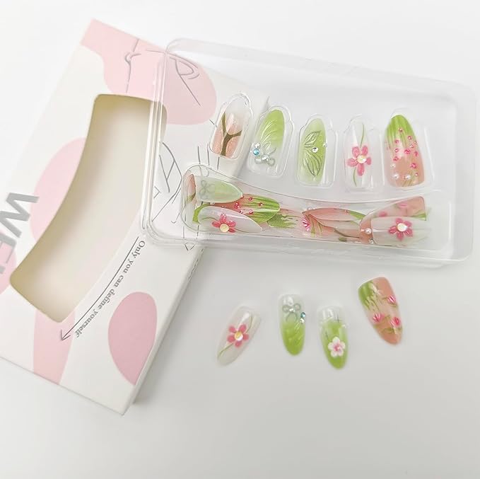 24Pcs Spring Summer Press on Nails Medium Almond Fake Nails 3D Flowers Butterfly Bow Pearl Design Full Cover Stick on Nails Reusable Green Pink Nails Flower False Nails for Women Girls Acrylic Nails