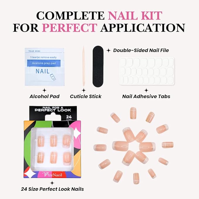 Perfect Look Press On Nails - Golden Grid | No Glue One-Day Short Square Nails, Nude French Tips with Checkered Line Design - 24 Pcs Nail Kit with Adhesive Tabs