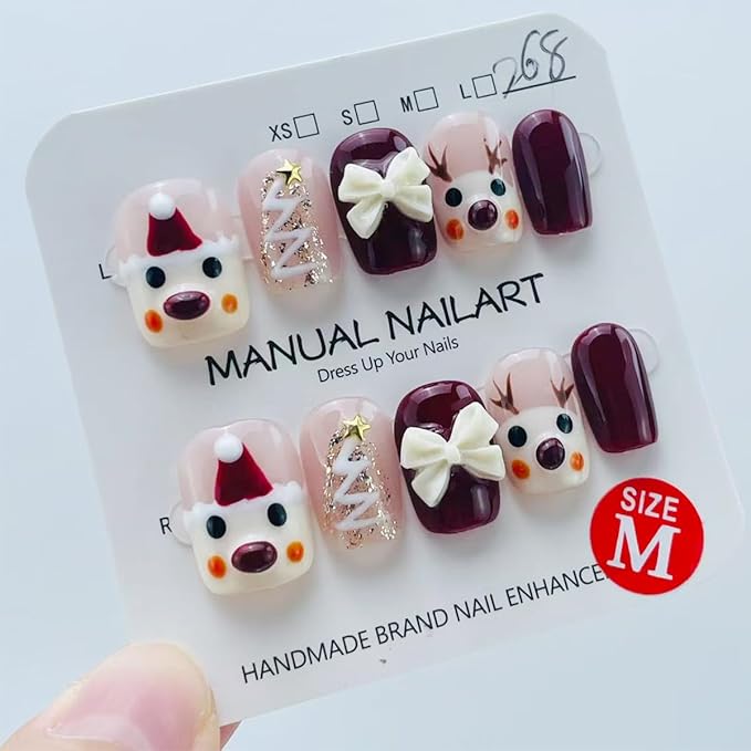 10Pcs Christmas Press on Nails Short Square Fake Nails with Bow Charms Design Cute Santa Claus Red Nose Elk False Nails Winter Christmas Stick on Nails for Women Girls Holiday DIY Acrylic Manicure