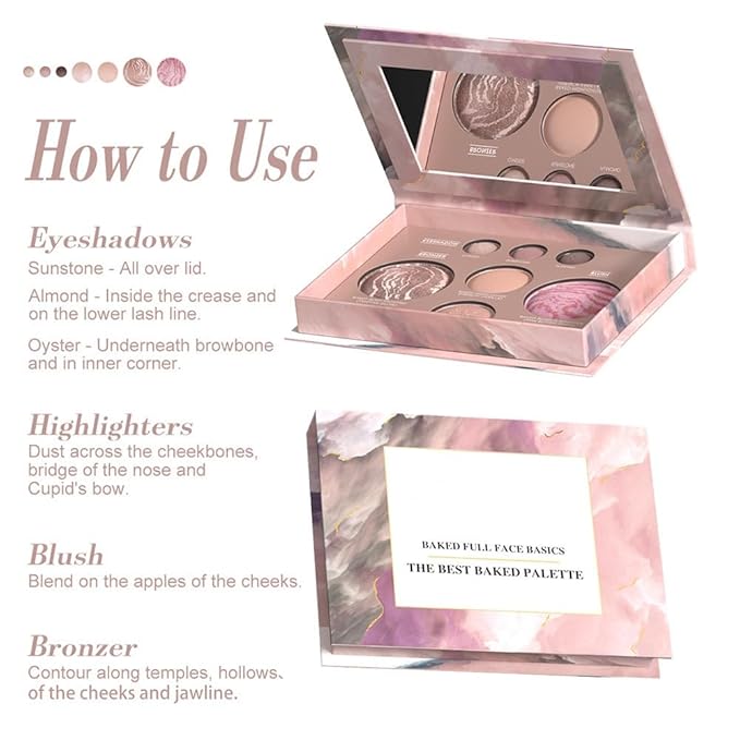 Baked full-face palette, 7-color repair tray, 7-in-1 with eye shadow, highlighter, blush and bronze color, 6.5x0.95 inch. (7-color capacity repairing disk)