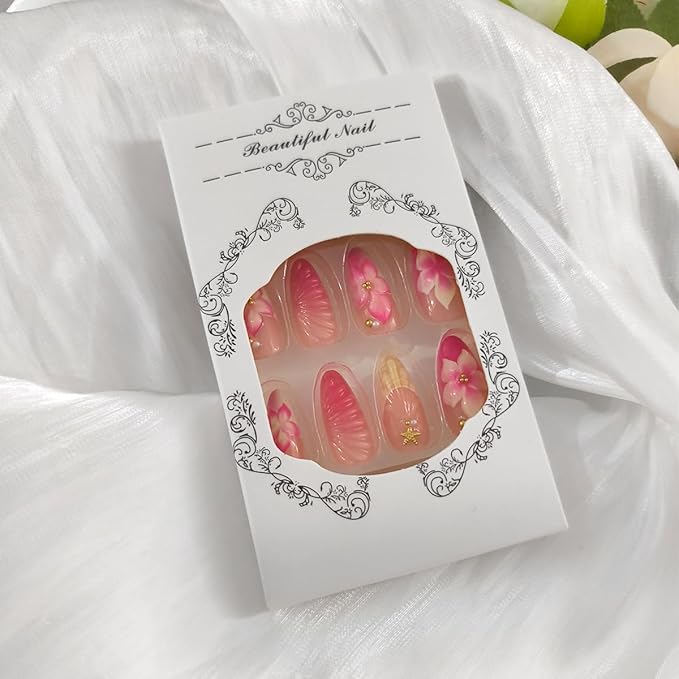 24Pcs Pink Flower Press on Nails Almond French Tip Fake Nail with 3D Flowers Rhinestones Designs Pink Yellow Glue on Nails Gold Bead Pearl Star Charms Full Cover Acrylic Artificial Nails for Women