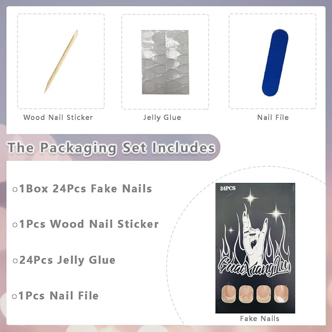 24Pcs Fall Press on Nails Short Square Fake Nail with White Autumn Maple Leaves Designs French Tip False Nail Glitter Pink Acrylic Nails Thanksgiving Glue on Nails for Women Daily Wear