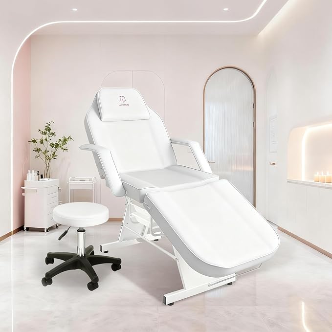 Facial Chair, Tattoo Chair Massage Bed with Hydraulic Stool for Professional Massage Facial Lash Beauty Spa, White
