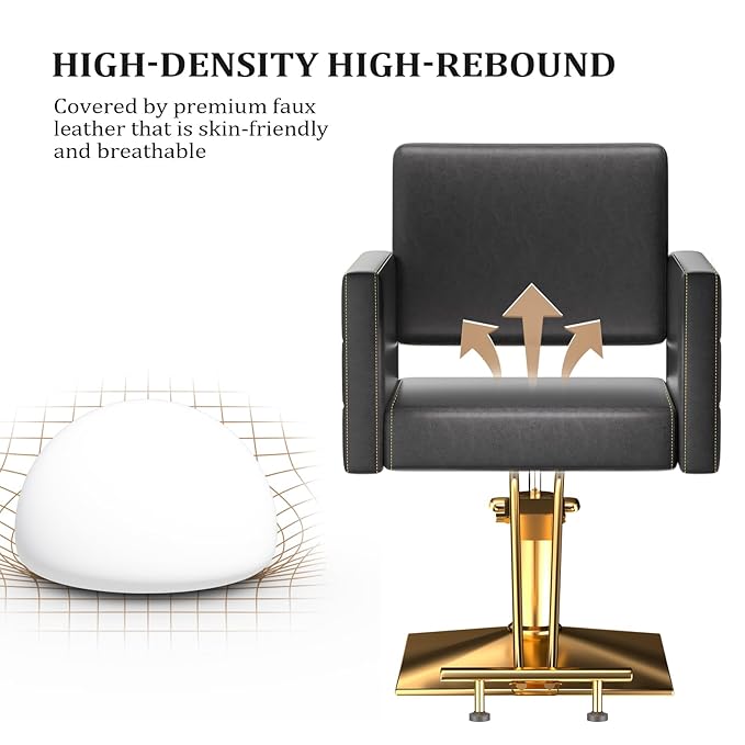 mefeir Black and Gold Barber Chair Hair Salon Chair with Heavy Duty Hydraulic Pump, Square Base, Stainless Steel Footrest,Styling Chair for Beauty Spa Hairdressing Braiding