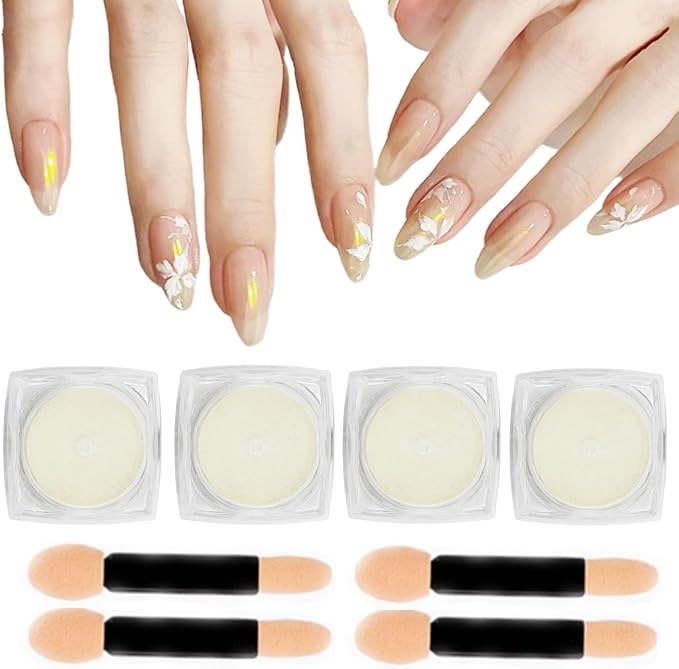 White Pearl Nail Powder, 4Pcs Iridescent Aurora Powder, Mermaid Metallic Mirror Effect Pigment Pearlescent Nail Chrome Powder