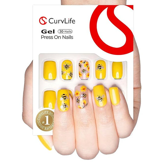 Curvlife Soft Gel Press on Nails, 30Pcs 15 Sizes Nail Tips, Full Cover Small Bee Style Short Design Reusable Gel Nails Kit with Glue and Adhesive Tabs