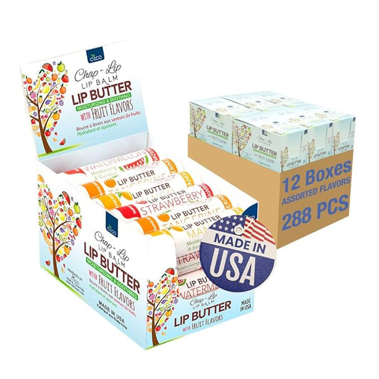 CHAP-LIP Original Lip Balm Hydrating Bulk Chap Stick with Fruit Flavors, Coconut Oil, Cocoa Butter - Christmas Gift Stocking Stuffers Lip Therapy Pack for Men and Women - Made in USA, 24 Pack x 12 Box